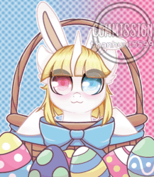 Size: 650x750 | Tagged: safe, artist:helithusvy, oc, oc:jiu jiu, alicorn, pony, animated, basket, blinking, bow, bunny ears, commission, easter, easter egg, gif, heterochromia, holiday, solo, watermark, ych animation, ych result