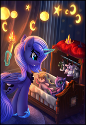 Size: 2100x3028 | Tagged: safe, artist:atlas-66, princess luna, pony, fanfic:the empty room, g4, crib, fanfic art, female, high res, plushie, s1 luna, solo, torch, wanderer d