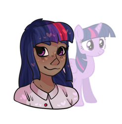 Size: 621x629 | Tagged: safe, artist:hannatsunari, twilight sparkle, alicorn, human, pony, g4, clothes, dark skin, female, humanized, mare, shirt, simple background, solo, twilight sparkle (alicorn), white background