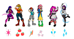 Size: 1280x674 | Tagged: safe, artist:theomegas2, applejack, fluttershy, pinkie pie, rainbow dash, rarity, twilight sparkle, human, g4, armpits, boots, clothes, cutie mark, dark skin, fat, humanized, lasso, mane six, pudgy pie, rope, shoes, simple background, socks, striped socks, transparent background