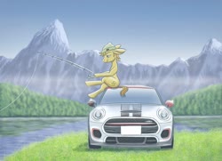 Size: 2421x1748 | Tagged: safe, artist:tetsunoshin, oc, oc only, earth pony, pony, car, fishing, lake, mini cooper, mountain, scenery