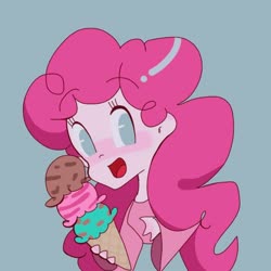 Size: 750x750 | Tagged: safe, artist:1drfl_world_end, pinkie pie, equestria girls, g4, blouse, bust, cute, diapinkes, female, food, gray background, ice cream, ice cream cone, neapolitan, no pupils, open mouth, simple background, solo