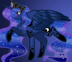 Size: 480x413 | Tagged: safe, artist:princess_starnight, princess luna, alicorn, pony, g4, chest fluff, coat markings, dappled, ethereal mane, female, gradient background, jewelry, mare, raised hoof, smiling, solo, starry mane, tiara