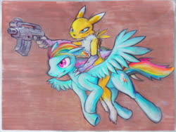 Size: 3200x2400 | Tagged: safe, artist:darkdoomer, rainbow dash, pegasus, pony, renamon, anthro, g4, crossover, digimon, duo, gun, high res, painting, riding, traditional art, weapon