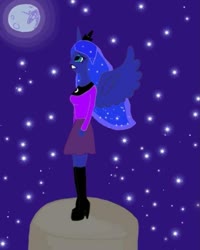 Size: 603x754 | Tagged: safe, artist:alikorn_sisters, princess luna, alicorn, anthro, g4, boots, clothes, ethereal mane, female, full moon, jewelry, looking up, mare in the moon, moon, night, shoes, solo, starry mane, stars, tiara