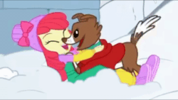 Size: 1200x676 | Tagged: safe, screencap, apple bloom, winona, dog, equestria girls, equestria girls specials, g4, my little pony equestria girls: better together, my little pony equestria girls: holidays unwrapped, saving pinkie's pie, adorabloom, animated, apple bloom's bow, bow, clothes, cute, face licking, female, gif, hair bow, hat, licking, shoes, smiling, snow, tail wag, tongue out, winonabetes, winter outfit