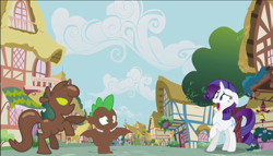 Size: 1242x711 | Tagged: safe, artist:necromancerking85, rarity, spike, oc, oc:chocolate chips, pony, unicorn, g4, chocolate, dark magic, edgy, female, food, food transformation, magic, mare