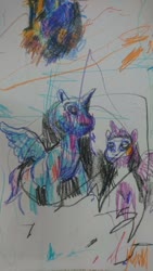 Size: 1152x2048 | Tagged: safe, artist:whoiszid, princess luna, twilight sparkle, alicorn, pony, g4, crayon drawing, duo, female, looking up, mare, traditional art, twilight sparkle (alicorn)