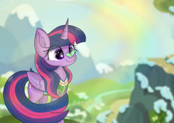 Size: 5787x4092 | Tagged: safe, artist:janelearts, twilight sparkle, alicorn, butterfly, pony, g4, butterfly on nose, commission, cute, ear fluff, female, insect on nose, mare, smiling, snow, solo, twiabetes, twilight sparkle (alicorn), winter wrap up vest
