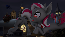 Size: 3840x2160 | Tagged: safe, artist:charlydasher, oc, oc:miabat, bat pony, vampire, 3d, bat pony oc, bat wings, butt, cake, clothes, elastic, featureless crotch, female, flexible, flying, food, high res, hungry, looking at self, mansion, mare, nightmare night, plot, present, raised tail, rear, scarf, source filmmaker, tail, this will end in pain, wings