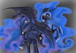 Size: 1080x750 | Tagged: safe, artist:aluramoon_, nightmare moon, princess luna, alicorn, pony, g4, duo, ethereal mane, female, galaxy mane, gradient background, hoof shoes, jewelry, mare, peytral, raised hoof, rearing, signature, tiara
