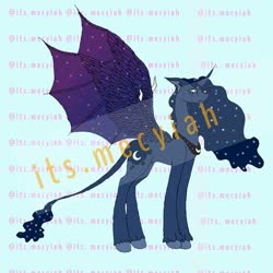 Size: 768x768 | Tagged: safe, artist:its.mecyiah, princess luna, alicorn, bat pony, bat pony alicorn, pony, g4, bat wings, ethereal mane, ethereal wings, female, horn, leonine tail, mare, peytral, solo, starry mane, unshorn fetlocks, watermark, wings