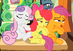 Size: 844x589 | Tagged: safe, screencap, apple bloom, down under, lemon hearts, scootaloo, sweetie belle, earth pony, pegasus, pony, unicorn, g4, growing up is hard to do, bedroom eyes, cropped, cutie mark, cutie mark crusaders, eyes closed, female, friendship express, lidded eyes, mare, older, older apple bloom, older cmc, older scootaloo, older sweetie belle, sitting, smiling, the cmc's cutie marks, train, trio