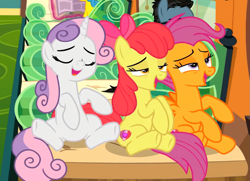 Size: 845x611 | Tagged: safe, screencap, apple bloom, down under, lemon hearts, scootaloo, sweetie belle, earth pony, pegasus, pony, unicorn, g4, growing up is hard to do, bedroom eyes, cropped, cutie mark, cutie mark crusaders, eyes closed, female, friendship express, lidded eyes, mare, older, older apple bloom, older cmc, older scootaloo, older sweetie belle, open mouth, sitting, the cmc's cutie marks, train, trio