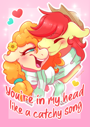 Size: 2923x4133 | Tagged: safe, artist:screwchaos, bright mac, pear butter, earth pony, pony, g4, the perfect pear, blushing, bust, clothes, colored pupils, cute, ear fluff, eyes closed, female, floppy ears, heart, high res, male, mare, nuzzling, open mouth, portrait, scarf, shared clothing, shared scarf, ship:brightbutter, shipping, stallion, straight, you're in my head like a catchy song