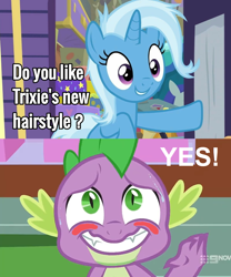 Size: 1196x1436 | Tagged: safe, edit, edited screencap, screencap, spike, trixie, cakes for the memories, g4, my little pony: friendship is forever, road to friendship, 9now, adorkable, blushing, caption, cute, dork, female, image macro, male, meme, ship:spixie, shipping, straight, text