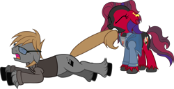 Size: 2161x1113 | Tagged: safe, artist:theeditormlp, oc, oc only, oc:crimson glow, oc:the editor, pony, clothes, female, glasses, male, mare, mouth hold, simple background, stallion, tail, tail pull, transparent background, vest