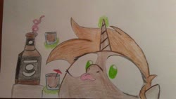 Size: 777x437 | Tagged: safe, artist:tarnish, oc, oc only, oc:tarnish star, pony, unicorn, fallout equestria: falling stars, alcohol, bendy straw, brown fur, drinking straw, female, glowing horn, green eyes, horn, justice mare, lawbringer, levitation, magic, mare, solo, telekinesis, tongue out, traditional art, unicorn oc