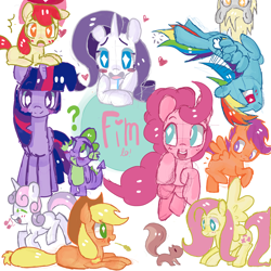 Size: 5000x5000 | Tagged: safe, artist:8bitamy, apple bloom, applejack, fluttershy, pinkie pie, rainbow dash, rarity, scootaloo, spike, sweetie belle, twilight sparkle, alicorn, pony, squirrel, g4, absurd resolution, blush sticker, blushing, cute, cutie mark crusaders, eyes closed, heart, looking at you, mane seven, mane six, music notes, open mouth, profile, question mark, simple background, straw in mouth, twilight sparkle (alicorn), white background