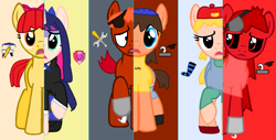 Size: 1411x718 | Tagged: safe, artist:pagiepoppie12345, apple bloom, angel, angel pony, earth pony, pegasus, pony, unicorn, g4, anarchy stocking, animatronic, base used, black sclera, bow, clothes, crossover, five nights at freddy's, five nights at pinkie's (my version), foxy, hair bow, jeffy, lana loud, male, movieunleashers, panty and stocking with garterbelt, ponified, socks, striped socks, supermariologan, swapped cutie marks, the loud house, what my cutie mark is telling me, zalgo, zalgo "foxy" pagie, zalgo pagie