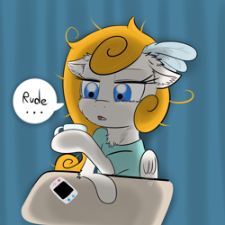 Size: 2000x2000 | Tagged: safe, artist:shinycyan, oc, oc only, oc:swann aurora, pegasus, pony, art trade, coffee, dishevelled, high res, morning, nintendo switch, rude, solo, tired