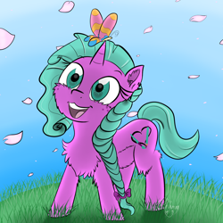 Size: 2000x2000 | Tagged: safe, artist:shinycyan, oc, oc only, oc:minty joy, butterfly, pony, unicorn, art trade, butterfly on horn, cherry blossoms, flower, flower blossom, happy, high res, horn, long mane, solo