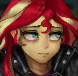 Size: 377x367 | Tagged: safe, artist:nairdags, sunset shimmer, equestria girls, g4, bags under eyes, close-up, clothes, female, jacket, leather jacket, looking up, sad, sad smile, smiling, solo, tired