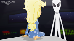 Size: 8000x4500 | Tagged: safe, artist:metalhead97, applejack, alien, comic:applejack gets anal probed, equestria girls, g4, applebutt, ass, butt, clothes, comic, commission, crossover, dark, male, messy hair, one-panel comic, pajamas, ponytail, show accurate, sitting, south park, spaceship, this will end in probing