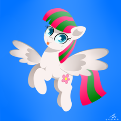 Size: 1200x1200 | Tagged: safe, artist:truffle shine, blossomforth, pegasus, pony, g4, :p, adoraforth, blue background, cute, female, flying, freckles, looking at you, mare, simple background, solo, spread wings, tongue out, wings