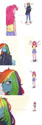 Size: 1400x4190 | Tagged: safe, artist:phattaraphorn_1, artist:tar, pinkie pie, rainbow dash, equestria girls, g4, bag, blouse, clothes, comic, female, goodbye, jacket, lesbian, pants, ship:pinkiedash, shipping, shoes, skirt, teary eyes, waving