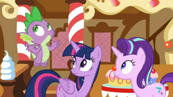 Size: 1600x900 | Tagged: safe, screencap, spike, starlight glimmer, twilight sparkle, alicorn, dragon, pony, cakes for the memories, g4, spoiler:cakes for the memories, spoiler:mlp friendship is forever, flying, subtle as a train wreck, sugarcube corner, twilight sparkle (alicorn), watermark, winged spike, wings