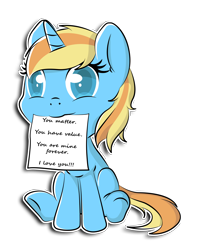 Size: 11824x14508 | Tagged: safe, artist:drpokelover, oc, oc:skydreams, pony, unicorn, chibi, commission, cute, daaaaaaaaaaaw, female, love, mare, mouth hold, note, ocbetes, positive ponies, simple background, sitting, transparent background, wholesome, ych result