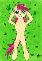 Size: 1149x1654 | Tagged: safe, artist:assertiveshypony, roseluck, earth pony, pony, g4, female, grassfield, hooves behind head, lying, smiling, solo, traditional art