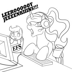 Size: 1500x1500 | Tagged: safe, artist:darnelg, princess luna, scootaloo, alicorn, pegasus, pony, gamer luna, g4, computer, cup, dexterous hooves, female, filly, glare, grin, headset, keyboard, kfc, leeroy jenkins, lineart, mare, meme, no catchlights, no pupils, open mouth, scootachicken, simple background, sitting, smiling, smirk, tongue out, warcraft, wat, white background, wings, world of warcraft
