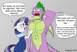 Size: 1621x1094 | Tagged: safe, artist:strebiskunk, rarity, spike, dragon, pony, unicorn, g4, the last problem, armpits, female, gigachad spike, male, older, older rarity, older sparity, older spike, reality ensues, ship:sparity, shipping, shipping denied, straight, winged spike, wings
