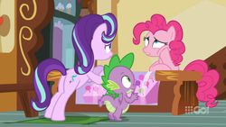 Size: 1600x900 | Tagged: safe, screencap, pinkie pie, spike, starlight glimmer, dragon, cakes for the memories, g4, my little pony: friendship is forever, display case, hoof on face, sugarcube corner, winged spike, wings, worried