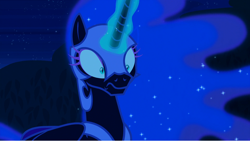 Size: 1920x1082 | Tagged: safe, screencap, nightmare moon, alicorn, pony, g4, the cutie re-mark, ethereal hair, ethereal mane, female, folded wings, glowing horn, helmet, horn, jewelry, mare, night, peytral, reaction image, regalia, shocked, shrunken pupils, slit pupils, starry mane, surprised, wings