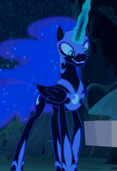 Size: 731x1069 | Tagged: safe, screencap, nightmare moon, alicorn, pony, g4, the cutie re-mark, concave belly, cropped, ethereal hair, ethereal mane, ethereal tail, female, folded wings, glowing horn, helmet, hoof shoes, horn, jewelry, long legs, looking down, mare, night, peytral, regalia, slender, slit pupils, smiling, starry mane, tail, thin, wings
