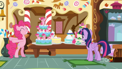 Size: 1600x900 | Tagged: safe, screencap, pinkie pie, twilight sparkle, alicorn, pony, cakes for the memories, g4, my little pony: friendship is forever, bipedal, cake, candy, candy cane, dessert, food, logo, standing, sugarcube corner, table, twilight sparkle (alicorn), vase, watermark