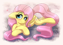 Size: 4297x3081 | Tagged: safe, artist:joakaha, fluttershy, pegasus, pony, g4, blushing, crossed hooves, cute, digital art, female, floppy ears, heart, looking at you, mare, shyabetes, smiling, solo