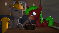 Size: 1920x1080 | Tagged: safe, artist:marianokun, oc, oc only, oc:marianokun, oc:nuclear fusion, pony, unicorn, 3d, birthday, birthday cake, birthday hats, black forest cake, boop, cake, eyes closed, food, happy, portal (valve), source filmmaker, table, the cake is a lie