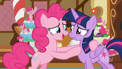 Size: 1600x900 | Tagged: safe, screencap, pinkie pie, twilight sparkle, alicorn, pony, cakes for the memories, g4, my little pony: friendship is forever, bipedal, cake, food, happy, holding a pony, hoof on chest, smiling, sugarcube corner, twilight sparkle (alicorn), watermark