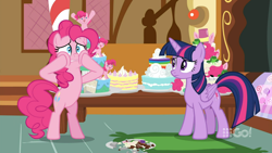 Size: 1600x900 | Tagged: safe, screencap, pinkie pie, twilight sparkle, alicorn, earth pony, pony, cakes for the memories, g4, spoiler:cakes for the memories, spoiler:mlp friendship is forever, bipedal, broken, cake, faic, food, mess, plate, rug, shattered, standing, standing on two hooves, sugarcube corner, table, twilight sparkle (alicorn), watermark, worried