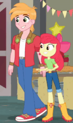 Size: 1000x1685 | Tagged: safe, screencap, apple bloom, big macintosh, equestria girls, equestria girls specials, g4, my little pony equestria girls: better together, my little pony equestria girls: holidays unwrapped, the cider louse fools, adorabloom, animated, apple, apple bloom's bow, barn, boots, bow, brother and sister, clothes, cropped, cute, duo, female, food, gif, hair bow, hug, jeans, macabetes, male, pants, shirt, shoes, siblings