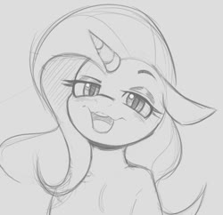 Size: 770x744 | Tagged: safe, artist:tre, trixie, unicorn, semi-anthro, g4, bedroom eyes, blushing, bust, dreamworks face, eyeshadow, female, floppy ears, gray background, grayscale, head tilt, human shoulders, looking at you, makeup, mare, monochrome, open mouth, simple background, sketch, smiling, solo, stray strand