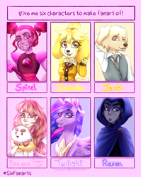 Size: 1321x1656 | Tagged: safe, artist:shibachichi, twilight sparkle, alicorn, cat, dog, gem (race), human, hybrid, pony, anthro, g4, the last problem, animal crossing, anthro with ponies, beastars, bee (character), bee and puppycat, clothes, crossover, ethereal mane, female, gem, gem rejuvenator, isabelle, jack (beastars), male, necktie, older, older twilight, older twilight sparkle (alicorn), peytral, princess twilight 2.0, puppycat, raven (dc comics), six fanarts, solo, spinel, spinel (steven universe), spoilers for another series, starry mane, steven universe, steven universe: the movie, teen titans, twilight sparkle (alicorn), weapon