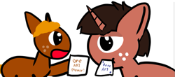 Size: 691x305 | Tagged: safe, artist:artdbait, oc, oc only, oc:lil-k, pony, unicorn, brown fur, brown hair, excited, freckles, horn, orange hair, paper, request, unamused, writing