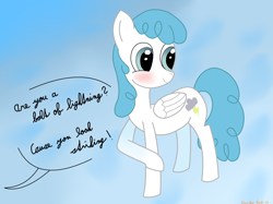 Size: 4032x3016 | Tagged: safe, artist:rainbowšpekgs, lightning bolt, white lightning, pegasus, pony, g4, cute, female, pick up line, pun, simple background, smiling, solo, speech bubble, standing, wings