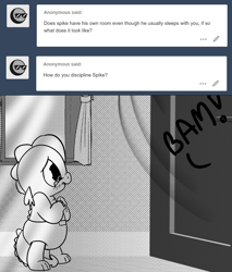 Size: 896x1050 | Tagged: safe, artist:mamatwilightsparkle, spike, twilight sparkle, dragon, tumblr:mama twilight sparkle, g4, abuse, baby, baby spike, comic, crying, curtains, diaper, door slam, implied twilight sparkle, mama twilight, monochrome, offscreen character, spikeabuse, time out, tumblr, window, younger
