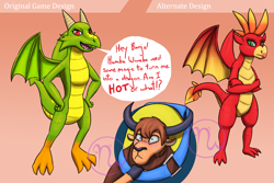 Size: 2100x1400 | Tagged: safe, artist:azurllinate, dragon, yak, accessory, alternate design, alternate universe, backpack, banjo kazooie, banjo the bear, banjooie, big feet, blue eyes, blushing, blushing profusely, colored wings, crossed arms, dragonified, female, flirting, freckles, green eyes, hand on hip, horns, interspecies, jewelry, kazooie, looking at each other, male, multicolored wings, necklace, red eyes, shipping, short hair, smiling, species swap, speech bubble, sweat, talking, text, unimpressed, wings, yakified